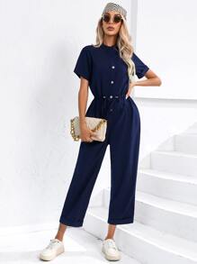 SHEIN Privé Áo liền quần nữ Dây kéo Nút phía trước màu trơn Giải trí - Màu xanh hải quân - Xem 4