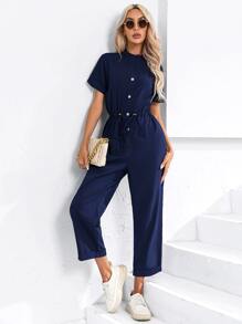 SHEIN Privé Áo liền quần nữ Dây kéo Nút phía trước màu trơn Giải trí - Màu xanh hải quân - Xem 6