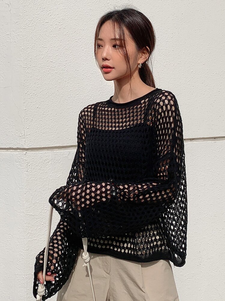 DAZY Hollow Out Drop Shoulder Sweater Without Cami Top Sheer,Back To School Clothes,Fall Women Clothes - Black - View 6