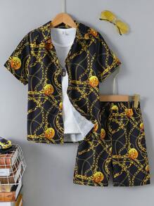 SHEIN Boys Chain Print Shirt & Shorts Without Tee - Black - View 1