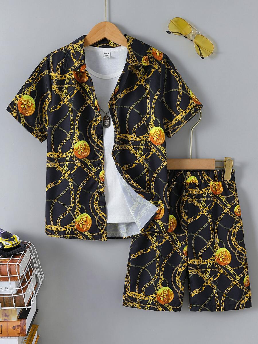 SHEIN Boys Chain Print Shirt & Shorts Without Tee - Black - View 1