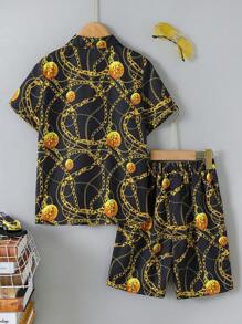 SHEIN Boys Chain Print Shirt & Shorts Without Tee - Black - View 2