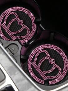 2pcs Car Cup Holder Mat With Diamond Crown, Heart Shaped Anti-Slip Pad, Bowknot Insulated Pad, And Star Patterned Water Absorbent Pad - Pink - View 1