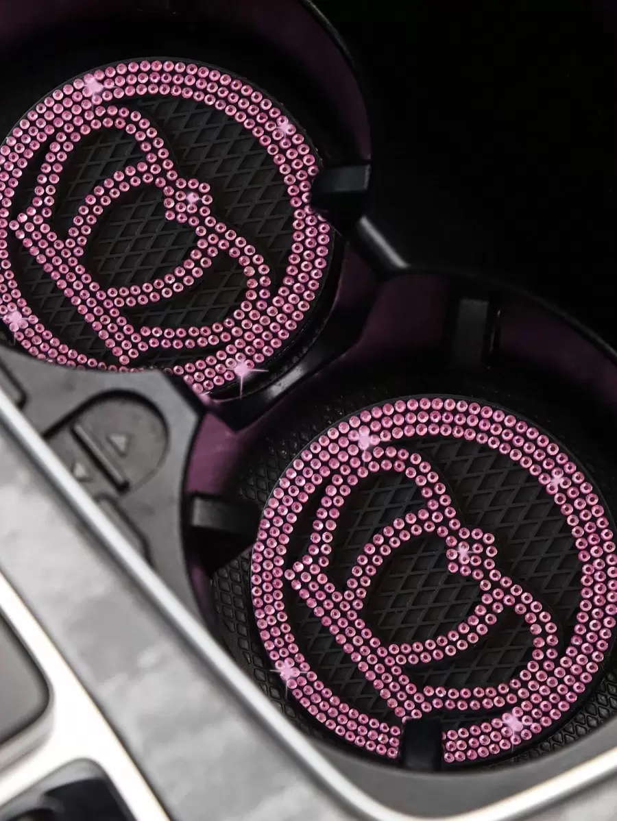 2pcs Car Cup Holder Mat With Diamond Crown, Heart Shaped Anti-Slip Pad, Bowknot Insulated Pad, And Star Patterned Water Absorbent Pad - Pink - View 1