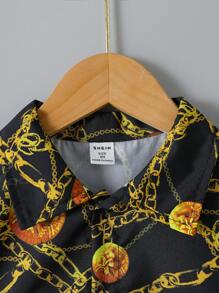 SHEIN Boys Chain Print Shirt & Shorts Without Tee - Black - View 3
