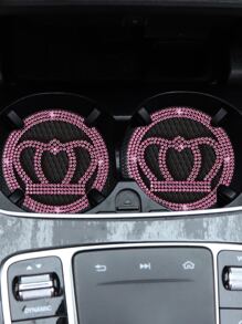 2pcs Car Cup Holder Mat With Diamond Crown, Heart Shaped Anti-Slip Pad, Bowknot Insulated Pad, And Star Patterned Water Absorbent Pad - Pink - View 3