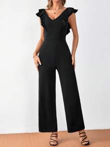 SHEIN Frenchy Mono de pierna ancha de espalda baja ribete con fruncido - Negro - Ver 1