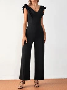 SHEIN Frenchy Mono de pierna ancha de espalda baja ribete con fruncido - Negro - Ver 3