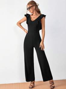 SHEIN Frenchy Mono de pierna ancha de espalda baja ribete con fruncido - Negro - Ver 4