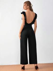 SHEIN Frenchy Mono de pierna ancha de espalda baja ribete con fruncido - Negro - Ver 5