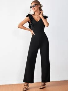 SHEIN Frenchy Mono de pierna ancha de espalda baja ribete con fruncido - Negro - Ver 6