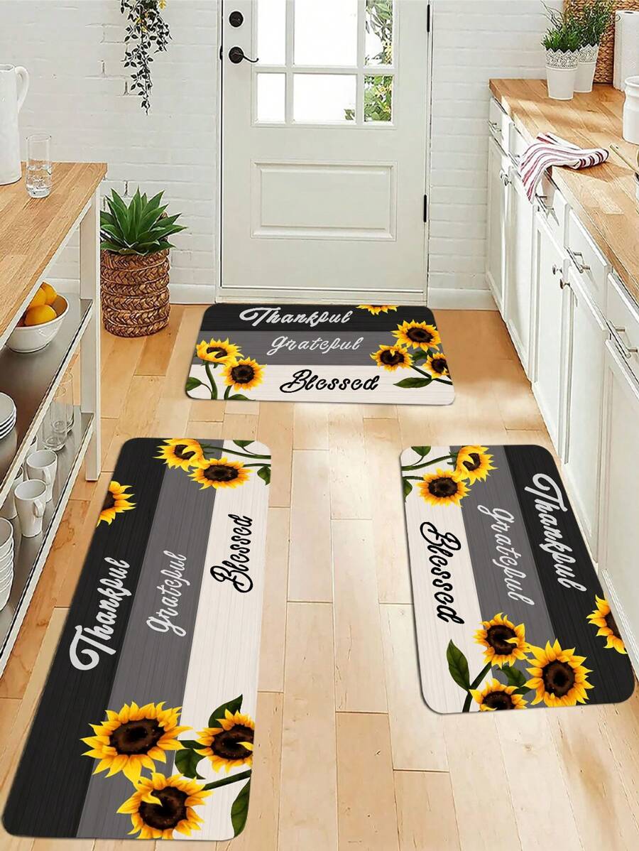 1入組向日葵和標語圖案門創意滌綸室內室外地毯 - 彩色 - 查看 1