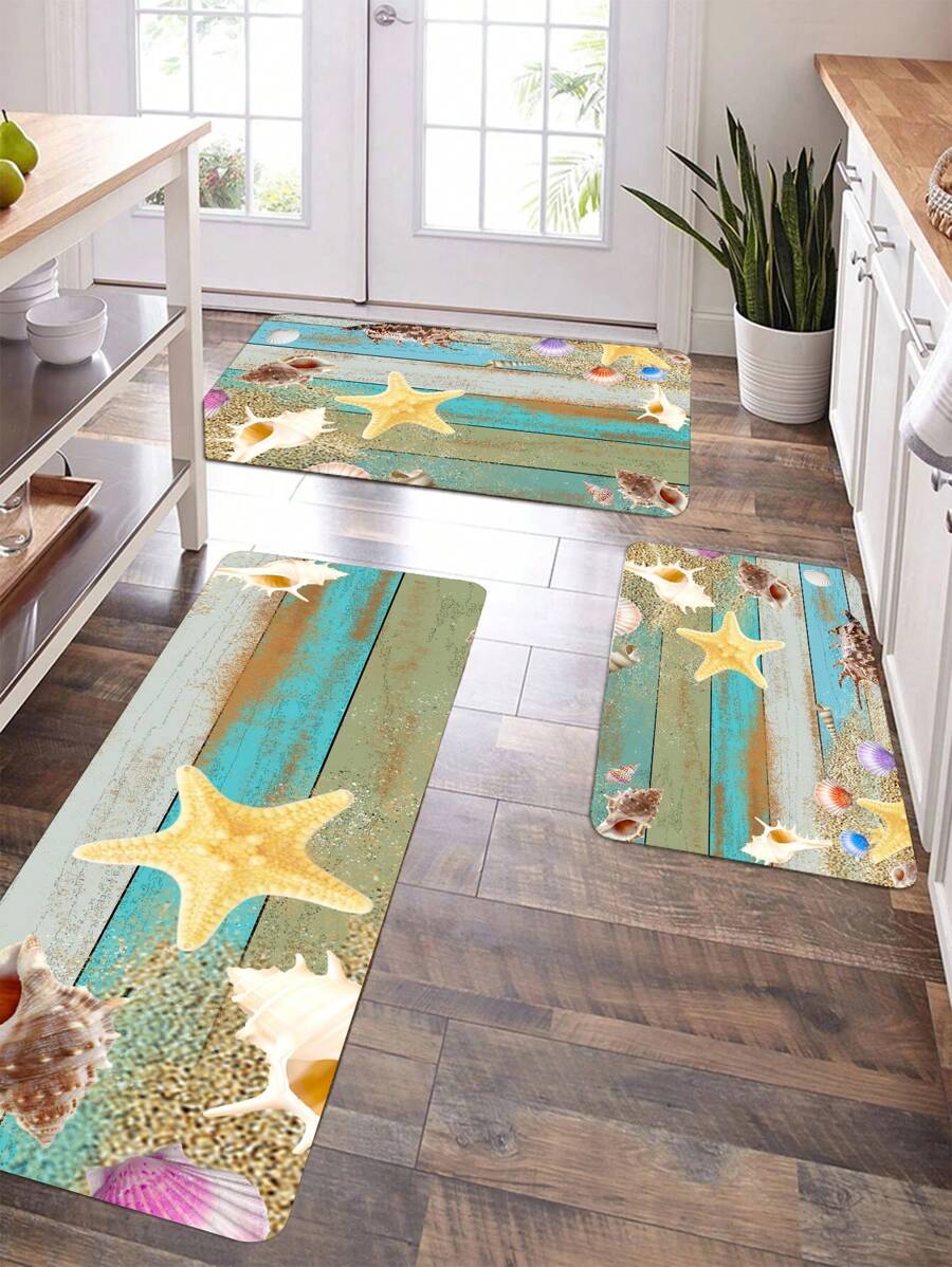 1入組海星和海螺圖案廚房地毯廚房用現代滌綸廚房墊 - 彩色 - 查看 1