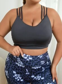 Plus Double Straps Criss Cross Back Sports Bra - Dark Grey - View 2