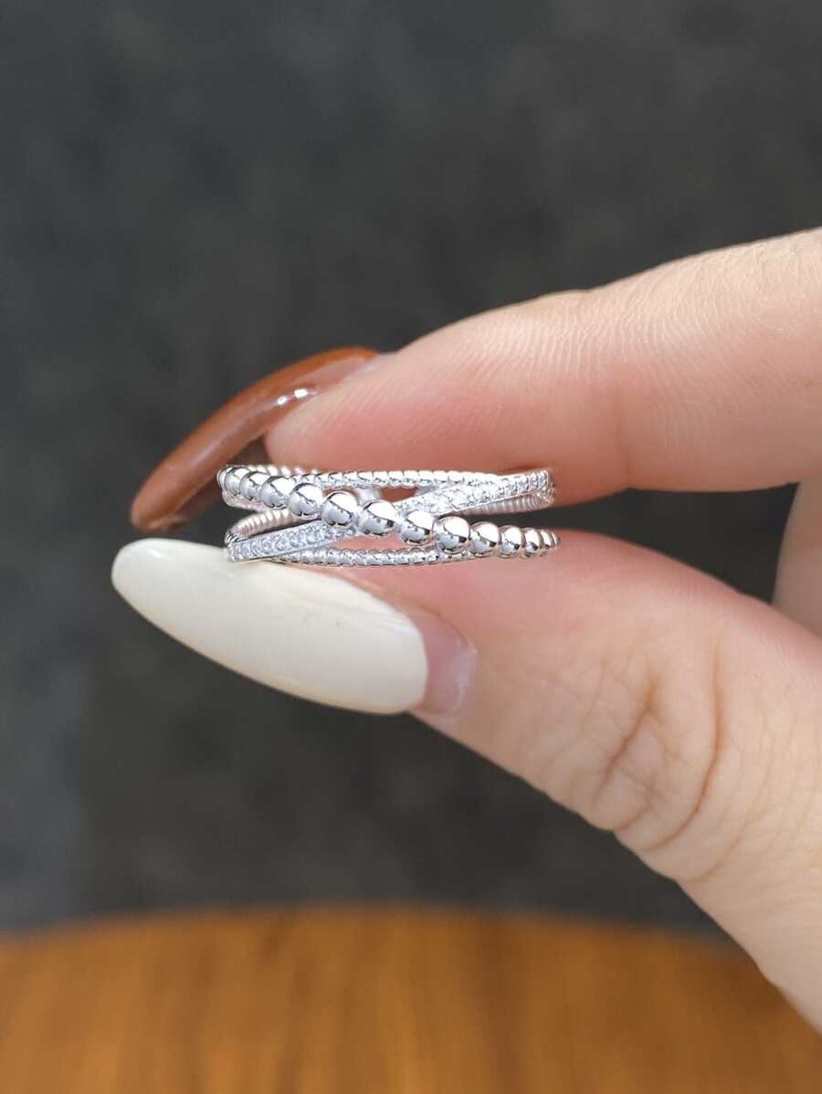 ESBERRY 1入組雙層幾何精美可調節戒指適合女士S925純銀白金顏色精細首飾類日常穿著禮物 - 銀色 - 查看 1