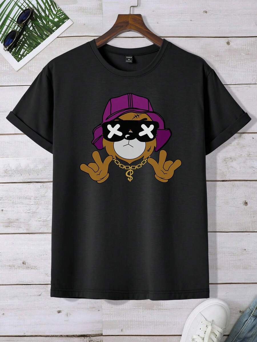 Manfinity Hombres Camiseta con estampado de dibujos animados - Negro - Ver 1