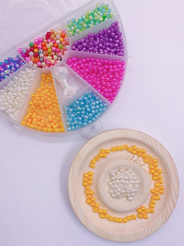 1box Fashionable Faux Pearl DIY Bead & 1roll Thread For Women For DIY Jewelry Making