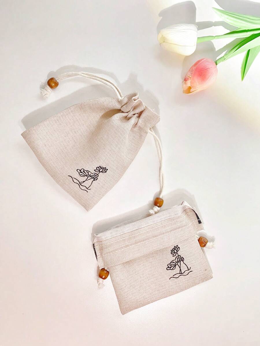 3pcs/set Floral Pattern Jewelry Storage Bag, Modern Cloth Drawstring Jewelry Bag Set For Home - Beige - View 1