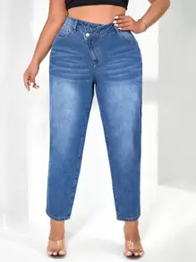 SHEIN Essnce Plus Stepped Waist Mom Fit Jeans - Medium Wash - View 1