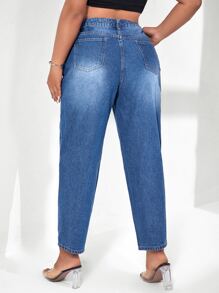 SHEIN Essnce Plus Stepped Waist Mom Fit Jeans - Medium Wash - View 2