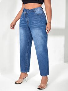 SHEIN Essnce Plus Stepped Waist Mom Fit Jeans - Medium Wash - View 3