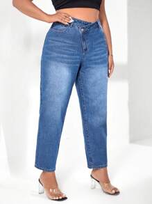 SHEIN Essnce Plus Stepped Waist Mom Fit Jeans - Medium Wash - View 4