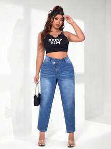 SHEIN Essnce Plus Stepped Waist Mom Fit Jeans - Medium Wash - View 5