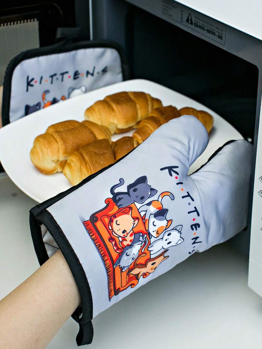 1pc Cat Pattern Insulation Pad & 1pc Oven Mitt, Cartoon Cute Polyester Potholder & Kitchen Oven Glove For Kitchen
