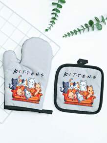 1pc Cat Pattern Insulation Pad & 1pc Oven Mitt, Cartoon Cute Polyester Potholder & Kitchen Oven Glove For Kitchen