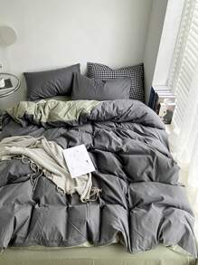 3 piezas/set de dos tonos Set colcha 2 piezas moderno poliéster Textiles para dormitorio para casa - Gris Oscuro - Ver 1