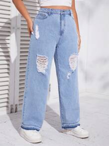SHEIN Jeans de pierna recta desgarro
