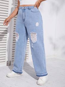 SHEIN Jeans de pierna recta desgarro