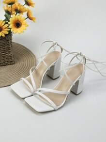 Fashionable Strappy Sandals For Women, Tie Leg Design Chunky Heeled Sandals