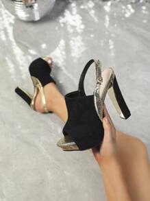 Glamorous Slingback Sandals For Women, Faux Suede Metallic Snakeskin Embossed Platform Chunky Heeled Sandals