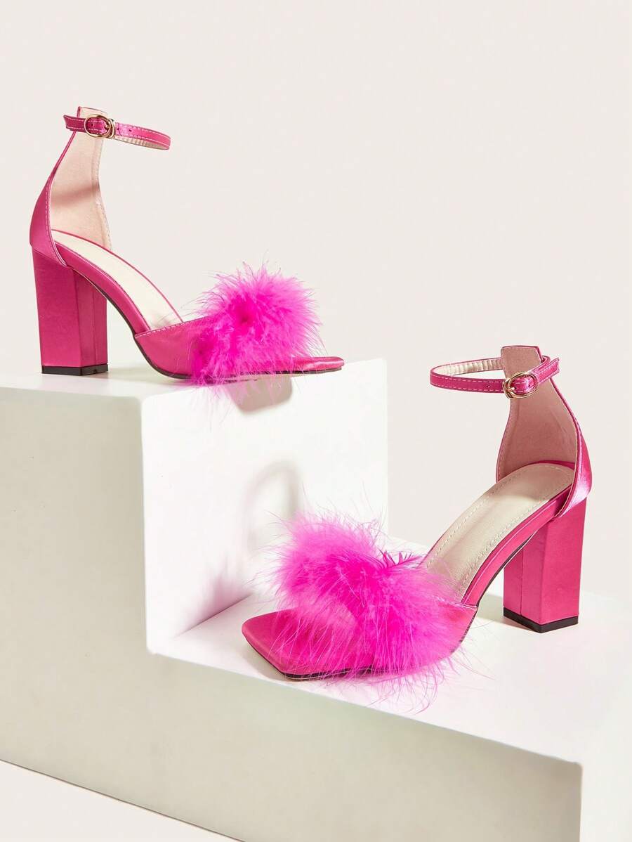 Women Random Buckle Decor Fluffy Chunky Heeled Sandals, Glamorous ...