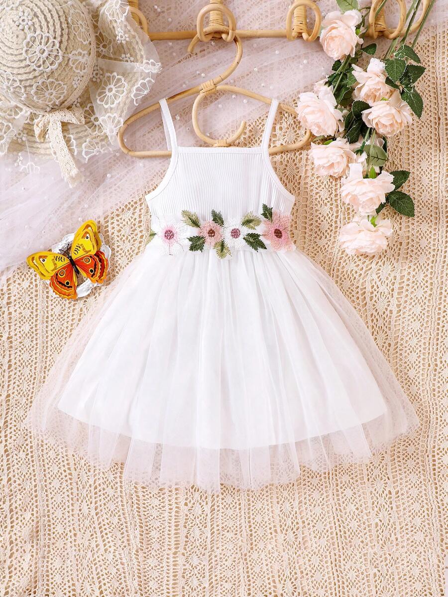 Glamorique Kids 小女童貼花網紗拼接吊帶連衣裙 - 白色 - 查看 1