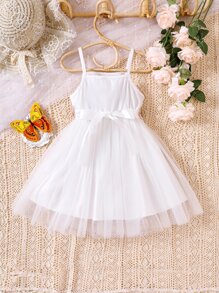 Glamorique Kids 小女童貼花網紗拼接吊帶連衣裙 - 白色 - 查看 2