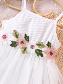 Glamorique Kids 小女童貼花網紗拼接吊帶連衣裙 - 白色 - 查看 5