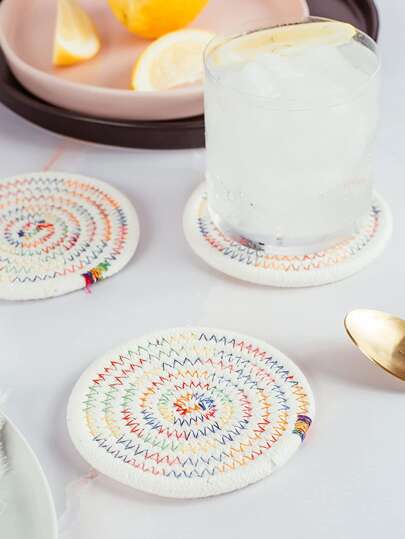 1pc Polyester Coaster, Modern Stitch Detail Round Drink Coaster For Table