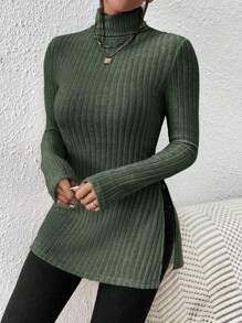SHEIN Privé Ribbed Knit High Neck Split Hem Tee - Dark Green - View 4