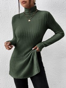 SHEIN Privé Ribbed Knit High Neck Split Hem Tee - Dark Green - View 5