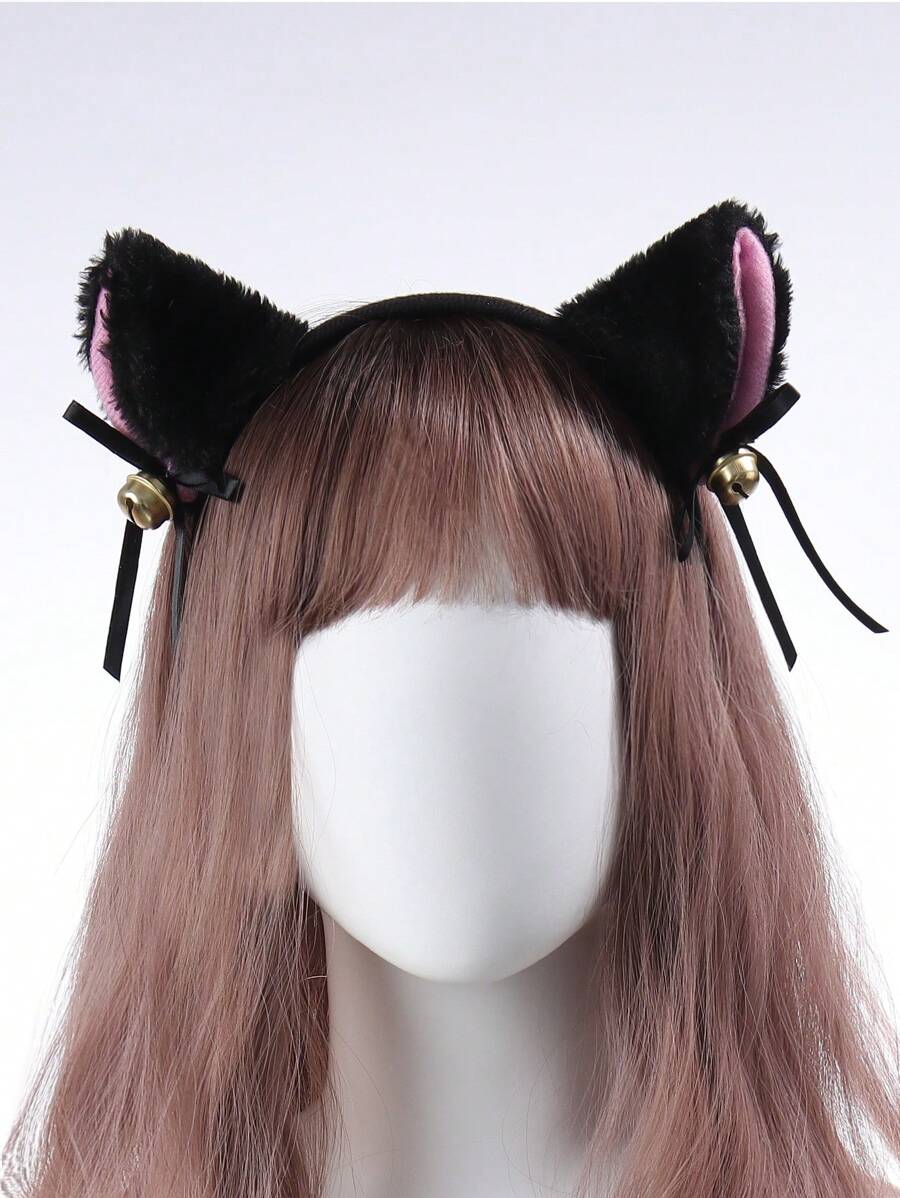 1 件女式黑色毛绒猫耳头带，可爱适合日本洛丽塔猫女仆服装扮演或日常穿着万圣节 - 黑色 - 查看 1