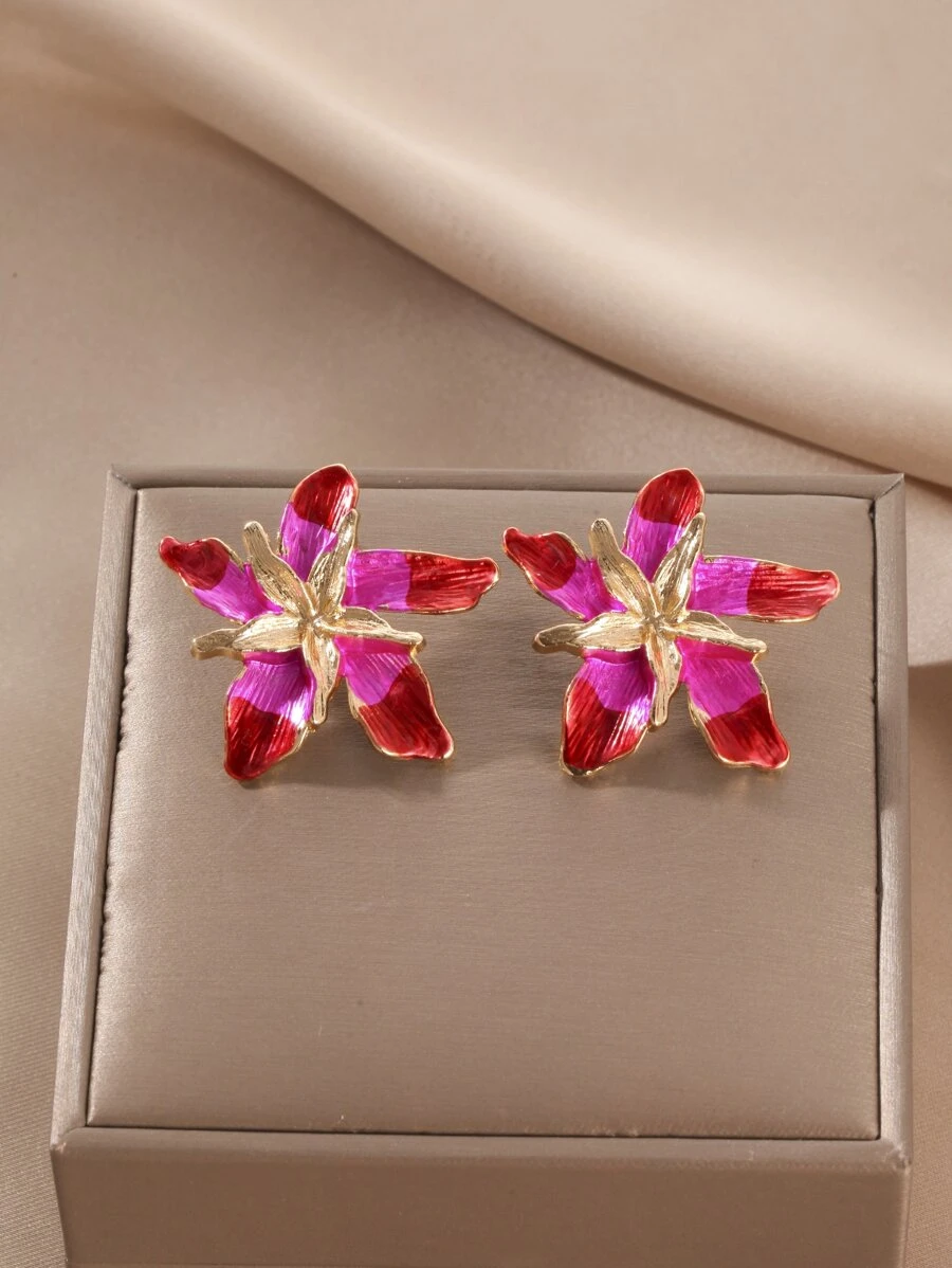 Flower Design Stud Earrings Valentines - Pink - View 1