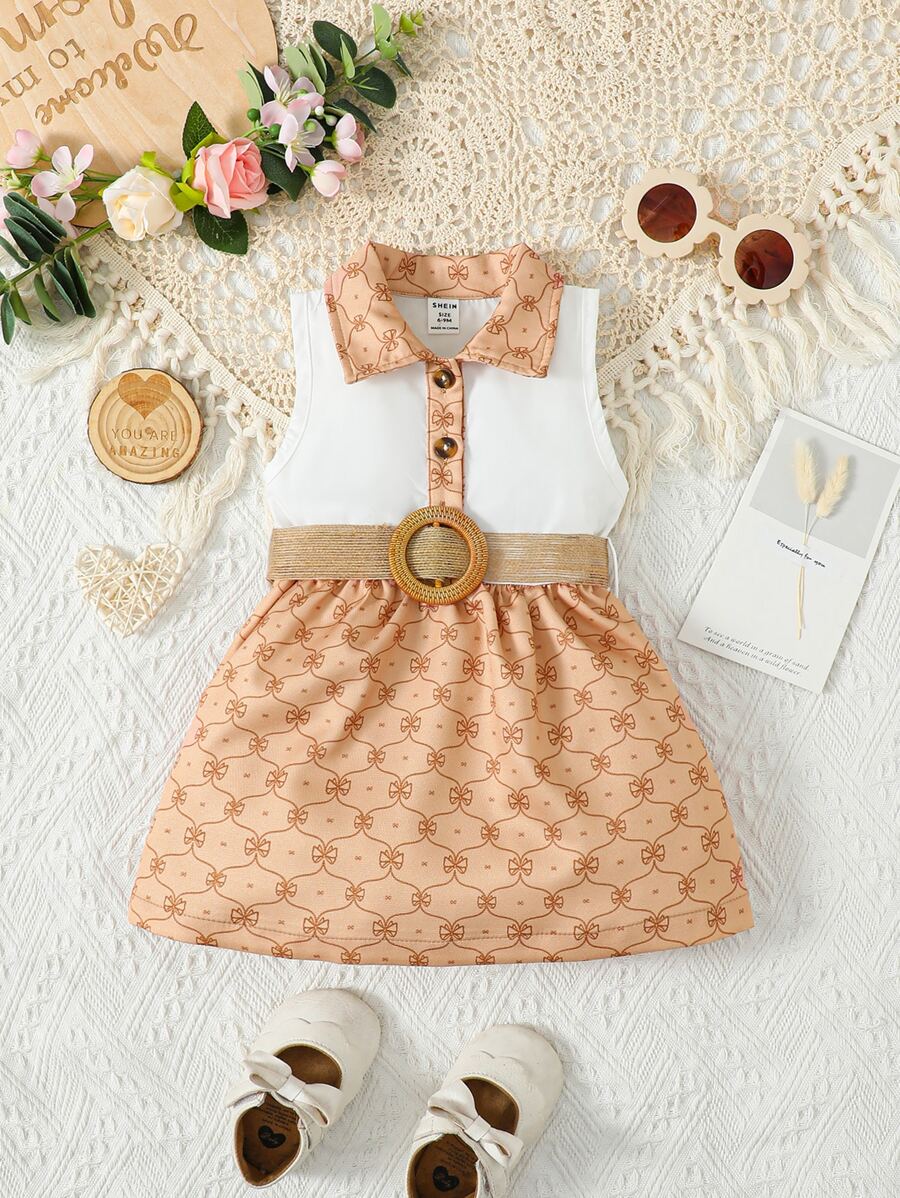 Baby Geo Print Belted Dress - Multicolor - View 1