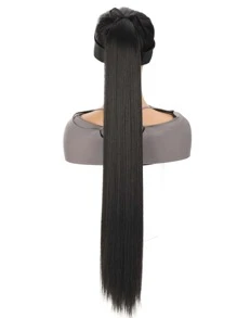 黑色長發假髮馬尾辮包紮式直發貼片馬尾辮女式加長 - 黑色 - 查看 3