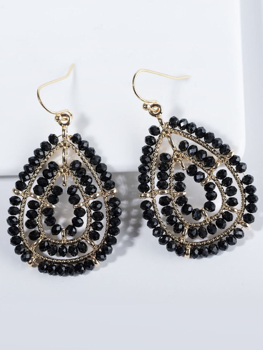 1 Pair Handmade Beaded Glass Bead Teardrop & Round Bohemian Style Earrings, Multi-Color Options Suitable For Daily, Vacation, Party, Gift - Black - View 1