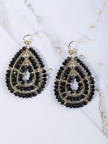 1 Pair Handmade Beaded Glass Bead Teardrop & Round Bohemian Style Earrings, Multi-Color Options Suitable For Daily, Vacation, Party, Gift - Black - View 3