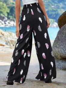 SHEIN VCAY Feather Print Tie Front Wide Leg Trousers - Multicolor - View 2