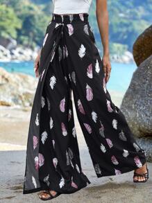 SHEIN VCAY Feather Print Tie Front Wide Leg Trousers - Multicolor - View 3