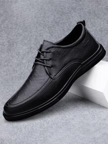 1 Pair Men's Genuine Leather Dress Shoes, Thick Sole Anti-Slip Durable Business Casual Loafers, Run Small By 1 Size - Black - View 1